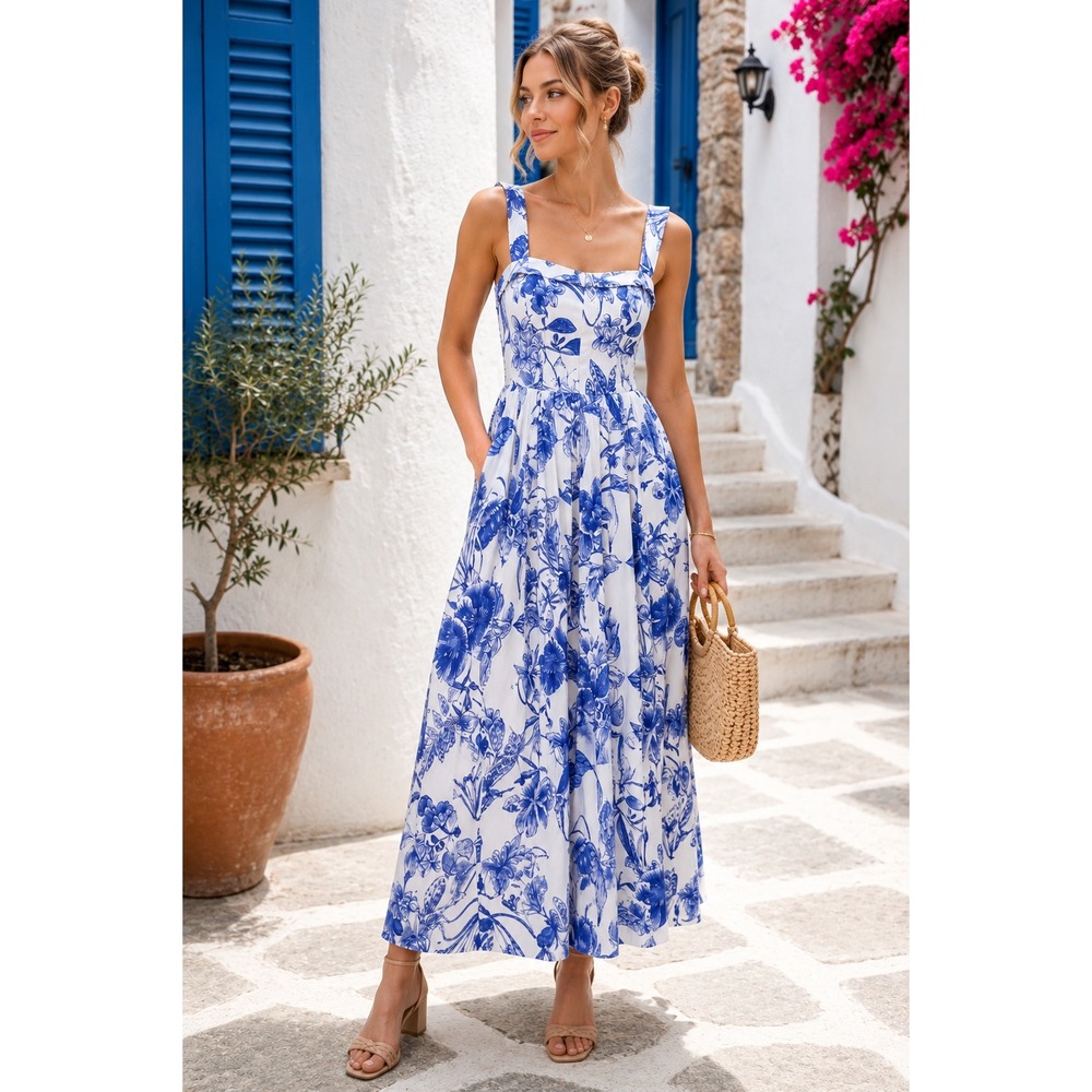 Avec Les Filles Blue White Floral Toile Maxi Dress Square Neck Ruffle Size 8 NWT